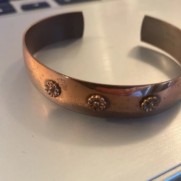 Solid Copper Cuff Bracelet Floral Studs Adjustable Boho Vintage Style - Picture 3 of 5